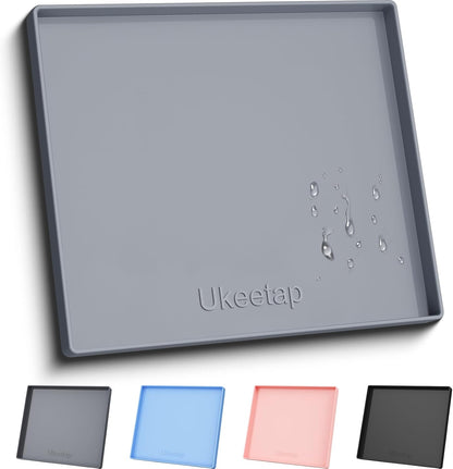 ukeetap Extra Thick Silicone Mat Waterproof with Raised Edge 19” x 12”, BPA Free Non-Slip Dog & Cat Food Mat, Feeding Mat for Food and Water Bowls, Spill Proof Mat to Protect Floors, Gray