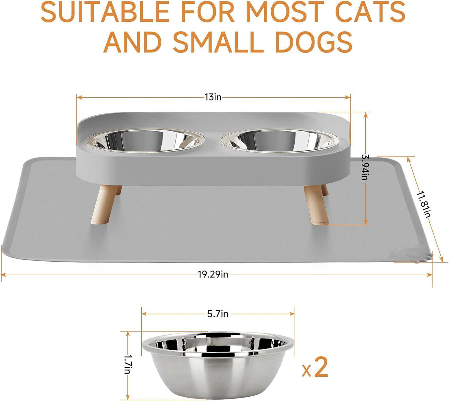 Elevated Cat Bowl, Raised Cat Food and Water Bowl Set for Indoor Cats, Splash Proof with 2 Stainless Steel Pet Food Bowls for Cats and Puppies, Whisker Fatigue and Dishwasher Safe - White