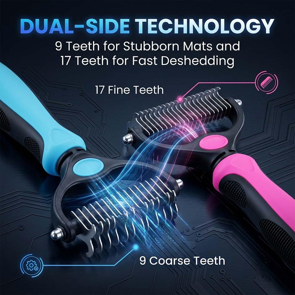 Sakerplus Pet Grooming Tool for Dogs & Cats, Professional Deshedding & Dematting Brush, Stainless Steel Undercoat Rake for Long & Short Hair Pets, Gentle Pet Hair Remover Comb (Blue,Small+Large)