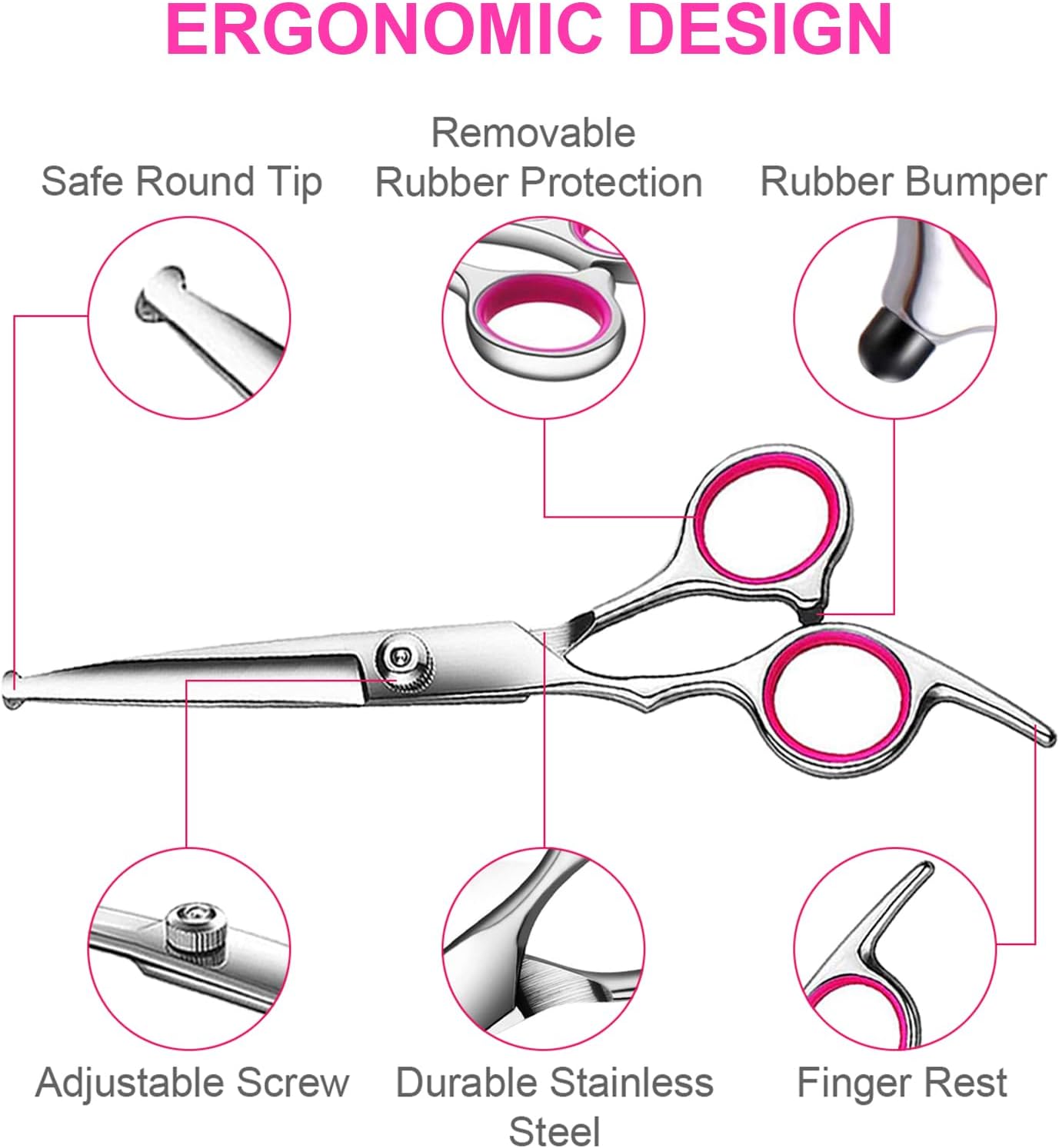 TINMARDA Dog Grooming Kit, Professional Stainless Steel Dog Grooming Scissors with Curved Shears, Pink Finger Rings - 4 Piece Sharp Durable Pet Shears for Dogs Cats At Home Salon-Quality Grooming