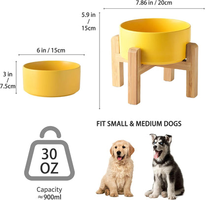 6'' Ceramic Raised Dog Bowl - 30Oz Dog Food & Water Bowl with Elevated Non-Slip Bamboo Stand, Dishwasher & Microwave Safe, Anti Vomiting Heavy Duty Pet Bowl for Small and Medium Dogs, White