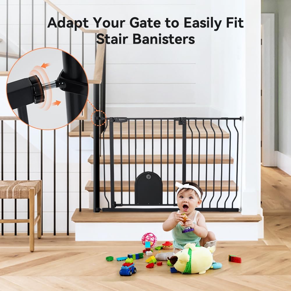 COMOMY 29.5-48.4" Baby Gate with Adjustable Cat Door,Extra Wide Metal Cat Gate for Stairs Doorways, Auto Close Dog Gate with Pet Door for House, Pressure Mounted Easy Walk Through (30" Tall, Black)