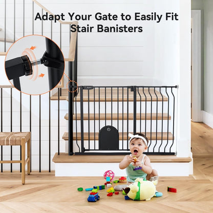 COMOMY 29.5-48.4" Baby Gate with Adjustable Cat Door,Extra Wide Metal Cat Gate for Stairs Doorways, Auto Close Dog Gate with Pet Door for House, Pressure Mounted Easy Walk Through (30" Tall, Black)