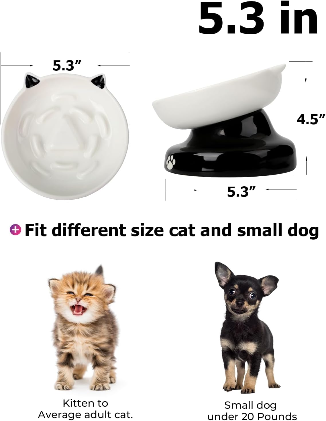 Y YHY Ceramic Cat Slow Feeder, Elevated Dog Food Bowl Tilted Design, Slow Feeder Bowl no Black Chin, Cat Shape for Dry and Wet Food