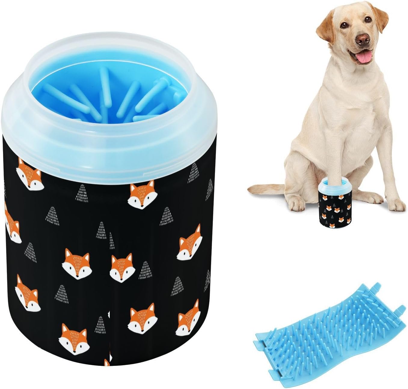 Forest Fox Tree Black Pattern Dog Paw Cleaner Cup with Soft Silicone Brush, Lightweight Portable Small Muddy Paw Washer for Dogs, Easy to Use Pet Foot Cleaner