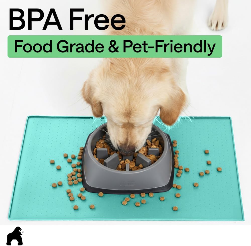 GORILLA GRIP 100% Waterproof Raised Edge BPA Free Silicone Pet Feeding Mat, Dog Cat Food Mats Contain Spills Protects Floors, Placemats for Cats and Dogs Water Bowl, 18.5x11.5, Gray