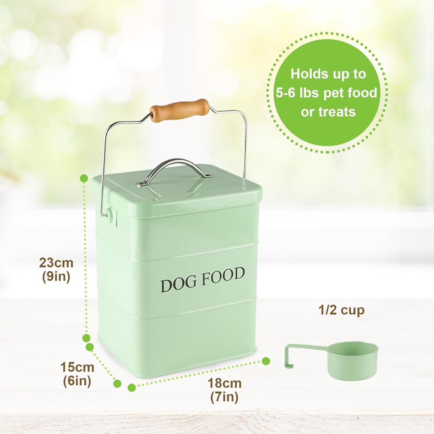 Dog Food storage container Dog Treats Jar,5~6 lb Metal food treats tin for Dog, pet snacks Canisters with wooden lid/handle/sevice scoop-Green