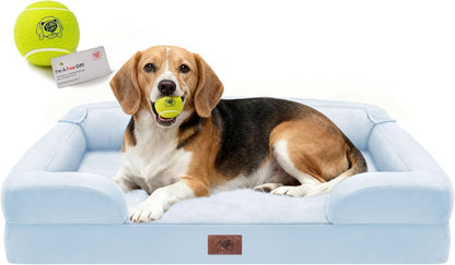 Extra Large Dog Bed, Orthopedic XL Washable Memory Foam Bed for Big Dogs Waterproof Pet Couch Sofa Bolster with Removable Cover, Non-Slip Bottom, Tennis Ball Toy, 42x30