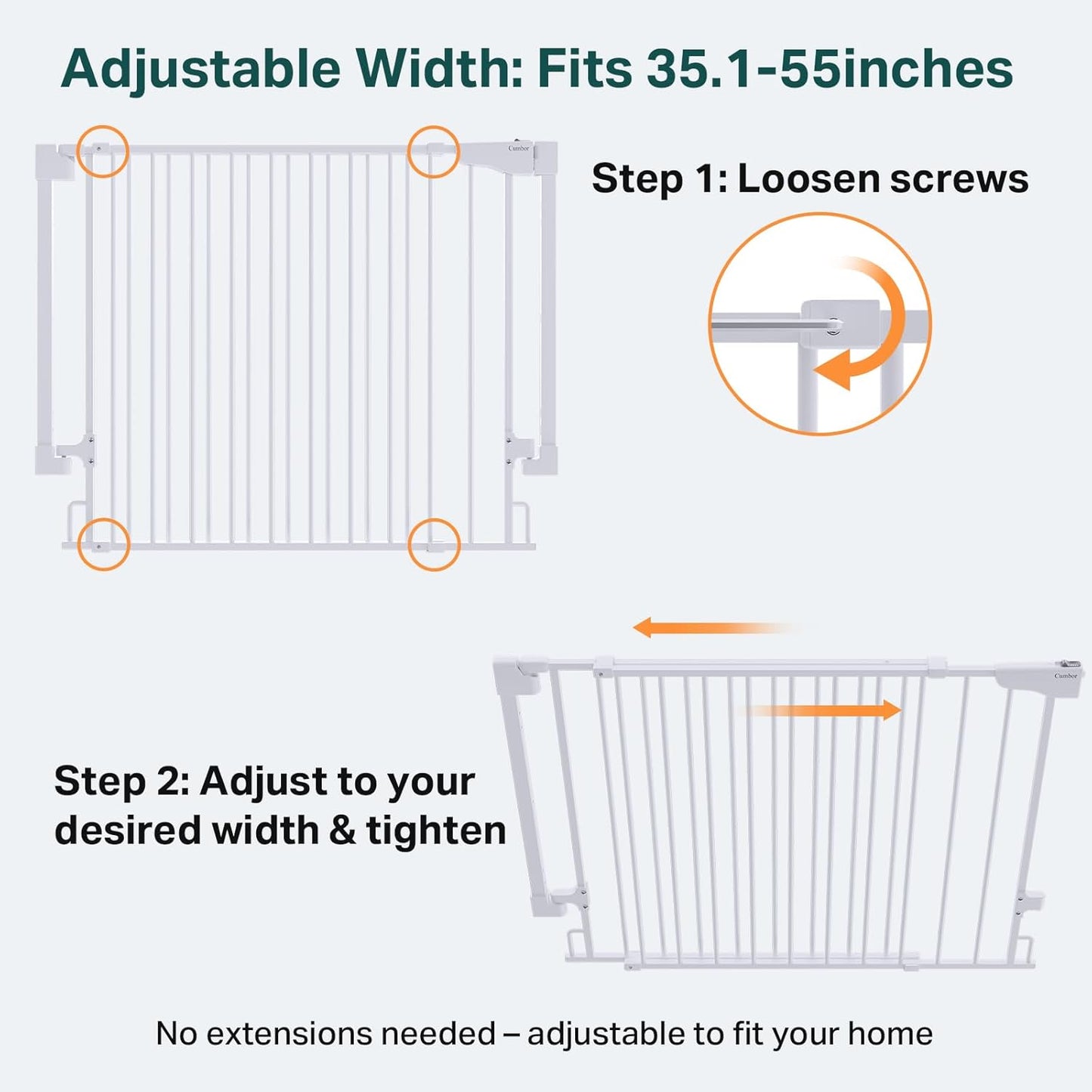 Cumbor 29.2–43" Baby Gate for Stairs, Hardware Mounted (Drill Required), Expandable No Bottom Bar Dog Gate, Auto Close Extra Wide Walk Thru, Pet & Toddler Proof Gate, Top & Bottom of Stairways(Black)