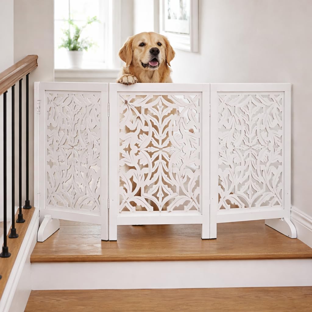 Freestanding Pet Gate for Dogs, Foldable Wooden Dog Gate for House, Indoor Dog Gate for Stair, Doorway, House Design Gates for Dogs Indoor, 72 Inch Wide, (18" x4 Panels 72 inch), Burnt Finish