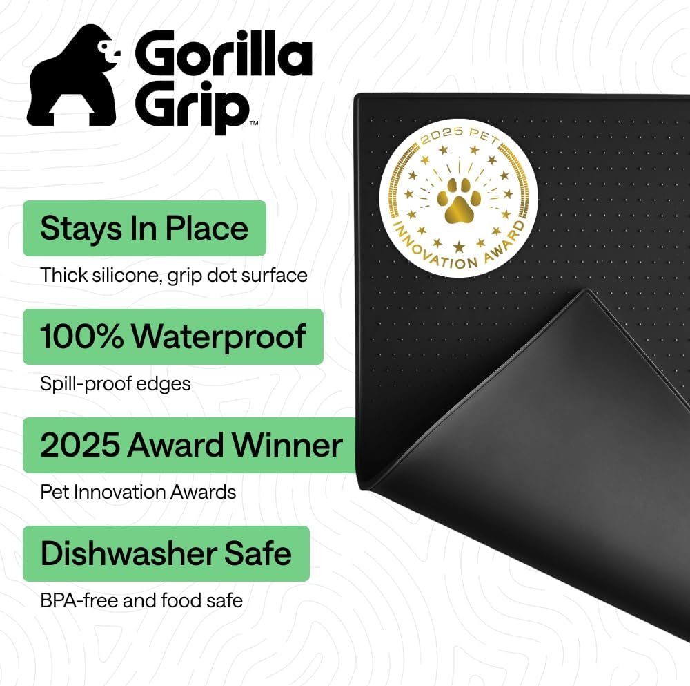 GORILLA GRIP 100% Waterproof Raised Edge BPA Free Silicone Pet Feeding Mat, Dog Cat Food Mats Contain Spills Protects Floors, Placemats for Cats and Dogs Water Bowl, 18.5x11.5, Gray