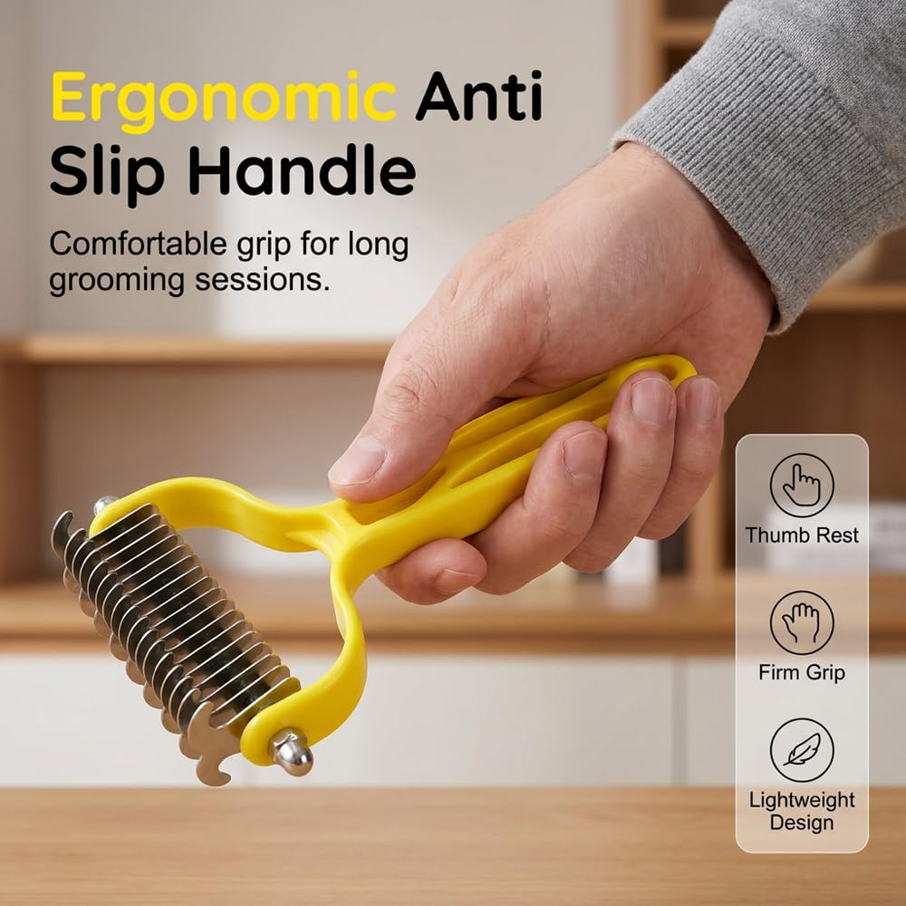 Double Sided Dematting Comb for Cats & Dogs, Undercoat Rake, Safe Deshedding Grooming Tool, Gentle Matt Remover Detangler for Long Thick Haired Pets, Ergonomic Pet Grooming Brush (Black)
