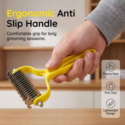Double Sided Dematting Comb for Cats & Dogs, Undercoat Rake, Safe Deshedding Grooming Tool, Gentle Matt Remover Detangler for Long Thick Haired Pets, Ergonomic Pet Grooming Brush (Black)