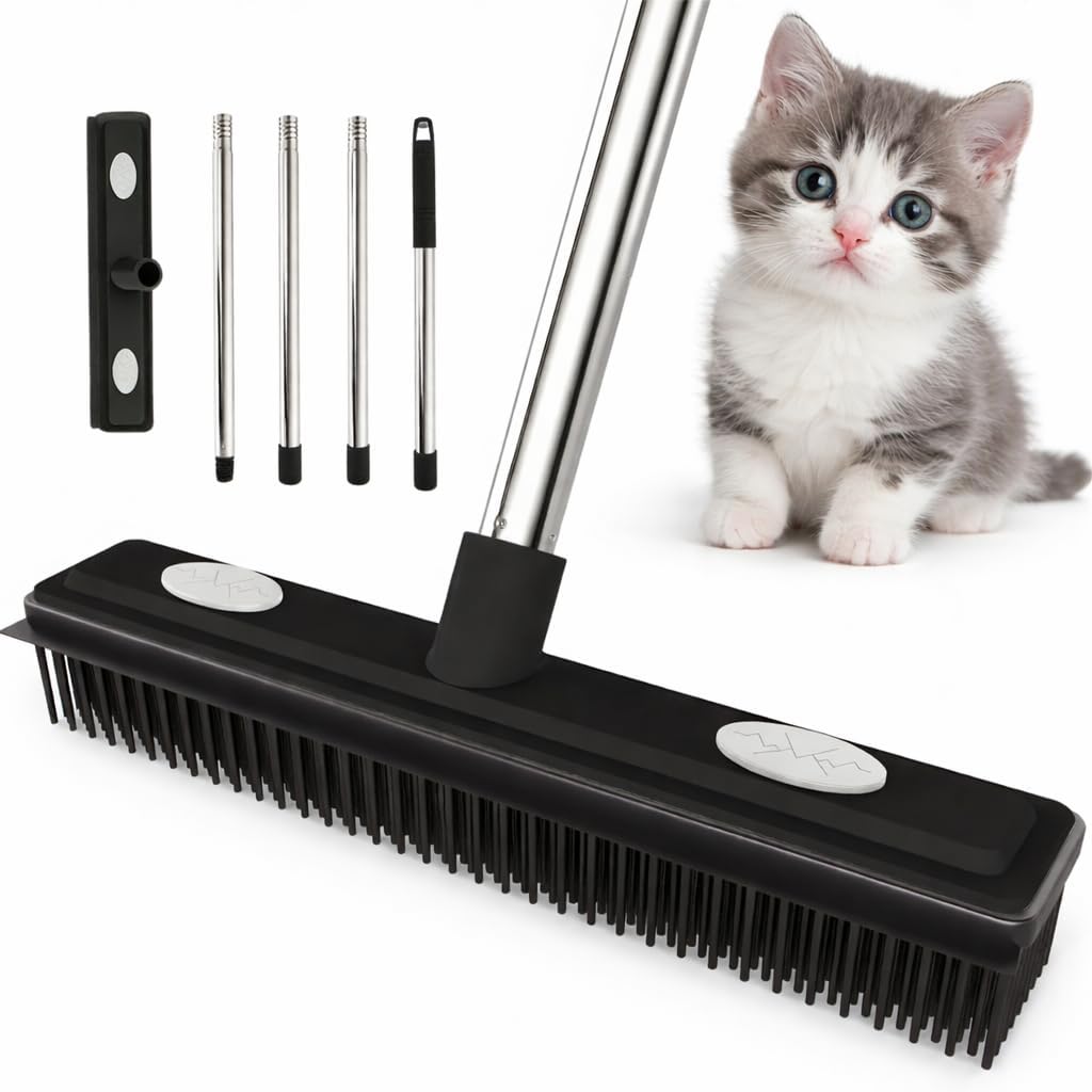 Carpet Rake Reusable Pet Hair Remover Rubber Broom with Squeegee for Pet Hair Removal Tool 59" Long Handle Cat and Dog Hair Remover for Area Rugs, Carpet, Hardwood Floor, Tile