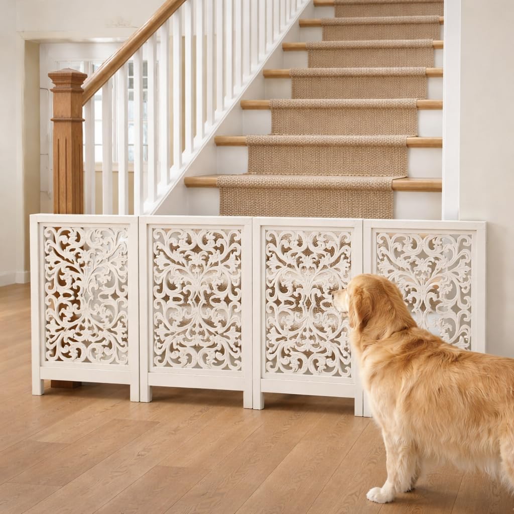 Freestanding Pet Gate for Dogs, Foldable Wooden Dog Gate for House, Indoor Dog Gate for Stair, Doorway, House Design Gates for Dogs Indoor, 72 Inch Wide, (18" x4 Panels 72 inch), Burnt Finish