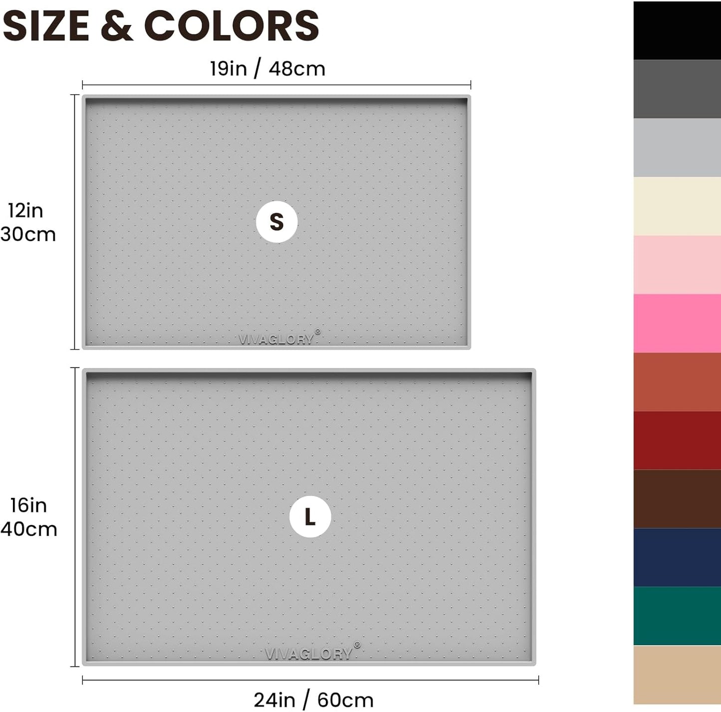 VIVAGLORY Dog Bowl Mat Grippymat Pet Food Mat, Waterproof Washable Nonslip Silicone for Pet & Cat, Food and Water Placemat with Lip & Raised Edges for Indoor Floor, S, Grey