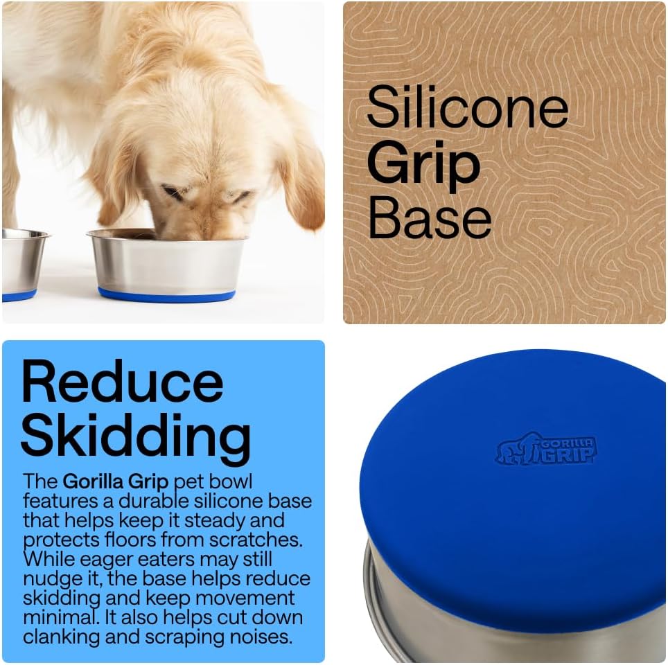 GORILLA GRIP Dog Bowls, Food Grade 304 Stainless Steel, Holds 2 Cups Each (16 fl oz) Food and Water Bowl for Feeding Dogs and Cats, Dishwasher Safe, Rust Resistant, BPA Free Rubber Base Set of 2 Black