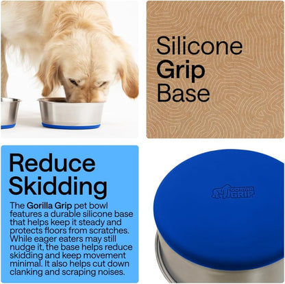 GORILLA GRIP Dog Bowls, Food Grade 304 Stainless Steel, Holds 2 Cups Each (16 fl oz) Food and Water Bowl for Feeding Dogs and Cats, Dishwasher Safe, Rust Resistant, BPA Free Rubber Base Set of 2 Black