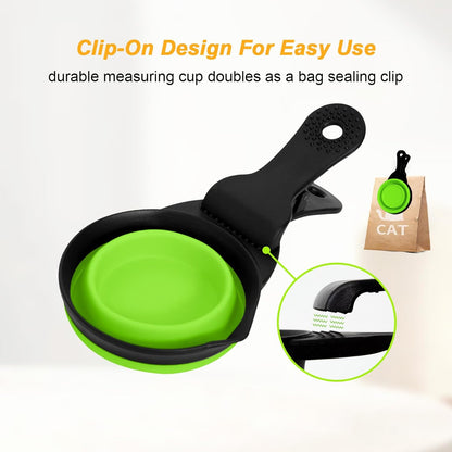 Collapsible Dog Food Scoop Foldable Pet Food Bag Clip 3 in 1 Multi-function Silicone Cat Food Measuring Cup Scoop Dog Food Scooper Pet Food Storage Clip (Green, 1 Cup Capacity(1 Pack))