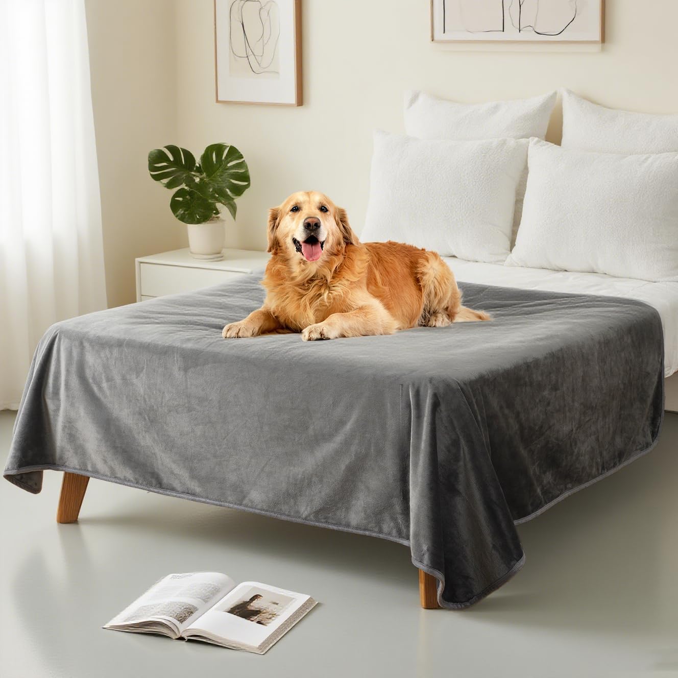 Waterproof Dog Blankets Pet Blanket 50"x60", Soft Fluffy Sofa Car Bed Protector, Reversible Sherpa Fleece Dog Blanket for Large Dogs (Dark Grey-Paws)