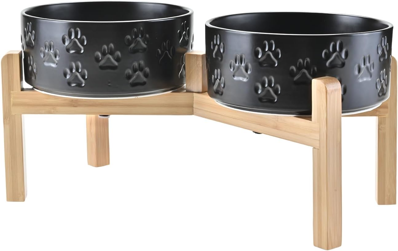 SPUNKYJUNKY Elevated Dog Bowls Ceramic, 6.1'' Dogs and Cat Food Water Bowls Raised with Non-Slip Bamboo Stand for Medium Sized Breed Microwave Dishwasher Safe - 28.7 OZ,Beige