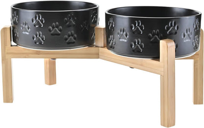 SPUNKYJUNKY Elevated Dog Bowls Ceramic, 6.1'' Dogs and Cat Food Water Bowls Raised with Non-Slip Bamboo Stand for Medium Sized Breed Microwave Dishwasher Safe - 28.7 OZ,Beige