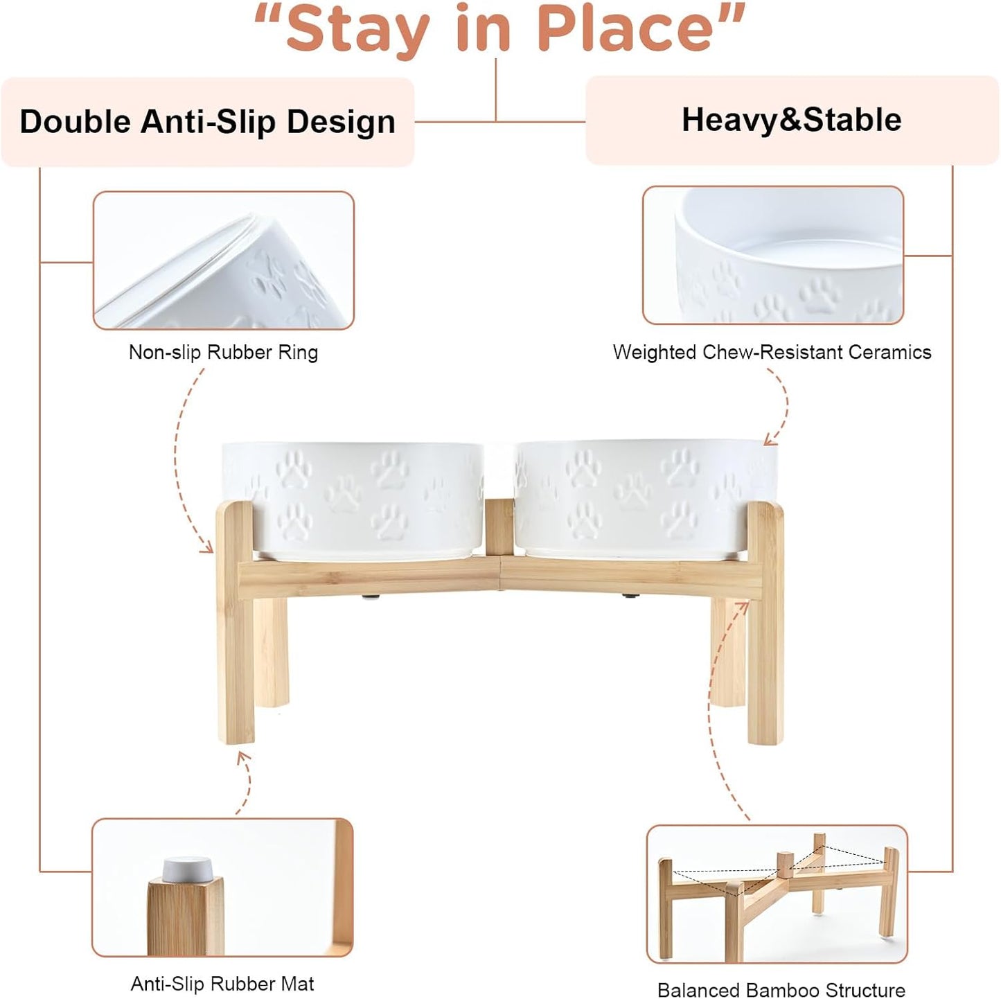 SPUNKYJUNKY Elevated Dog Bowls Ceramic, 6.1'' Dogs and Cat Food Water Bowls Raised with Non-Slip Bamboo Stand for Medium Sized Breed Microwave Dishwasher Safe - 28.7 OZ,Beige