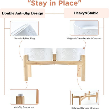 SPUNKYJUNKY Elevated Dog Bowls Ceramic, 6.1'' Dogs and Cat Food Water Bowls Raised with Non-Slip Bamboo Stand for Medium Sized Breed Microwave Dishwasher Safe - 28.7 OZ,Beige