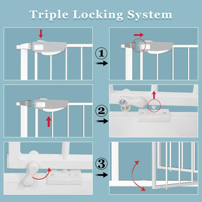 WAOWAO Triple Lock 49.21-66.54" Baby Gate Extra Wide Pressure Mounted Walk Through Swing Auto Close Safety Black Metal Dog Pet Puppy for Stairs,Doorways,Kitchen