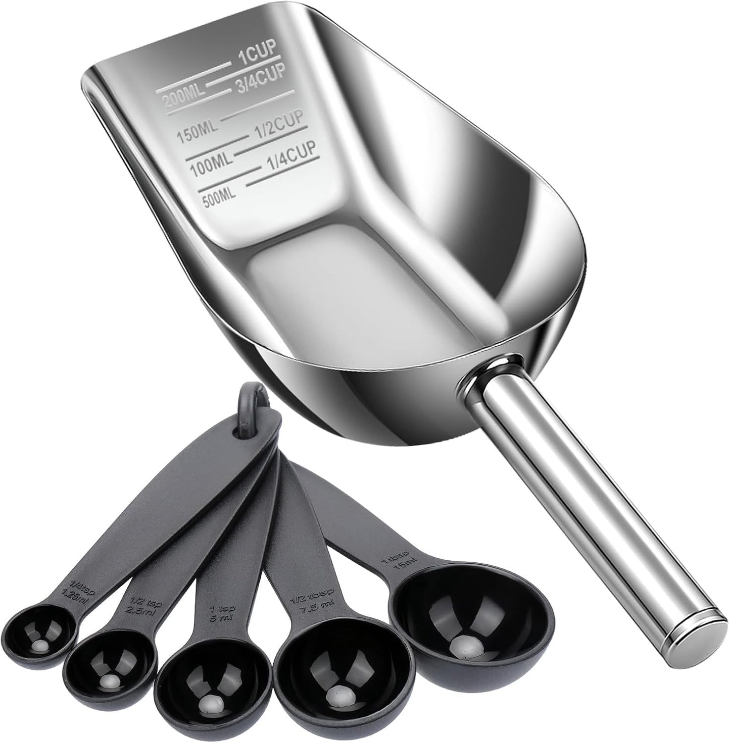 AIERSA Pet Food Scoop & Measuring Cup for Dogs & Cats, Stainless Steel Dog Scoop1 ¾ / ½ / ¼ Cup with Multi-Unit Markings for Precision Feeding, Easy-Clean Metal Food Storage