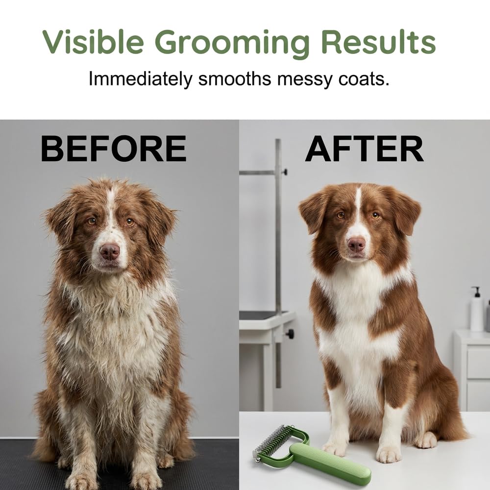 Double Sided Dematting Comb for Dogs and Cats – Undercoat Rake Pet Grooming Tool for Shedding, Tangles & Matted Fur, Stainless Steel Deshedding Brush for Long Haired & Thick Coat Pets (Green & Gray)