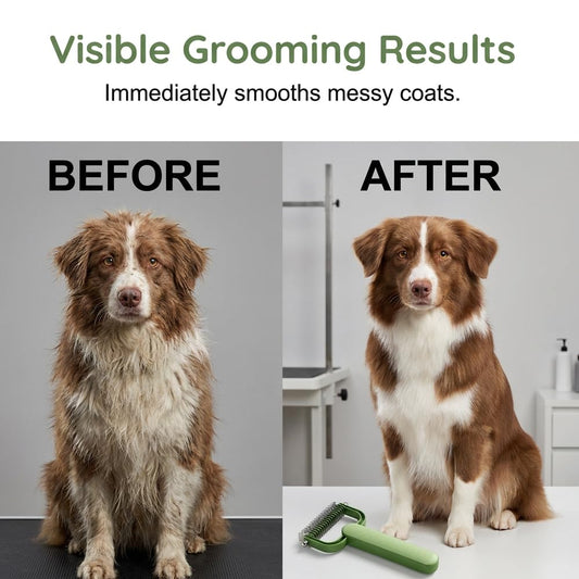 Double Sided Dematting Comb for Dogs and Cats – Undercoat Rake Pet Grooming Tool for Shedding, Tangles & Matted Fur, Stainless Steel Deshedding Brush for Long Haired & Thick Coat Pets (Green & Gray)