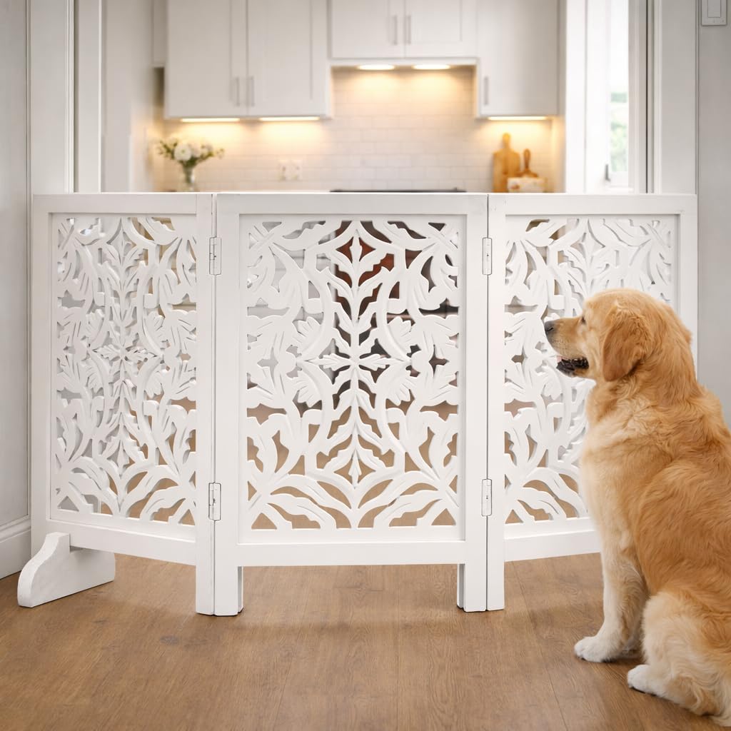 Freestanding Pet Gate for Dogs, Foldable Wooden Dog Gate for House, Indoor Dog Gate for Stair, Doorway, House Design Gates for Dogs Indoor, 72 Inch Wide, (18" x4 Panels 72 inch), Burnt Finish
