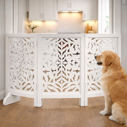 Freestanding Pet Gate for Dogs, Foldable Wooden Dog Gate for House, Indoor Dog Gate for Stair, Doorway, House Design Gates for Dogs Indoor, 72 Inch Wide, (18" x4 Panels 72 inch), Burnt Finish