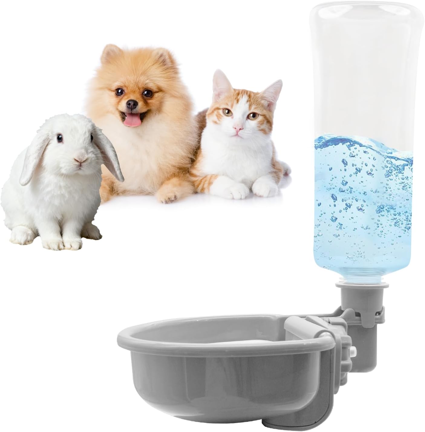 VANNON 16oz Pet Water Bottle, Gravity Dog Water Bowl Dispenser for Cage, Anti-Overflow Water Dispenser for Small Dogs, Cats, Rabbits and Other Small Animals, BPA Free, Grey