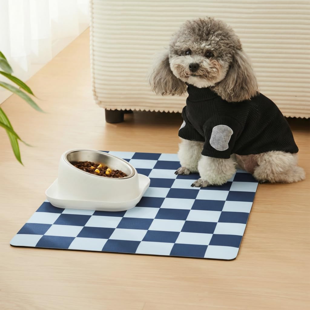 Checkered Dog Feeding Mat, Absorbent Mats for Dog Food and Water Bowl, Dispenser, Retro Aesthetic Khaki Beige Checkerboard Pet Placemat for Dogs, Cats, Puppy Accessories, 12" X 19”