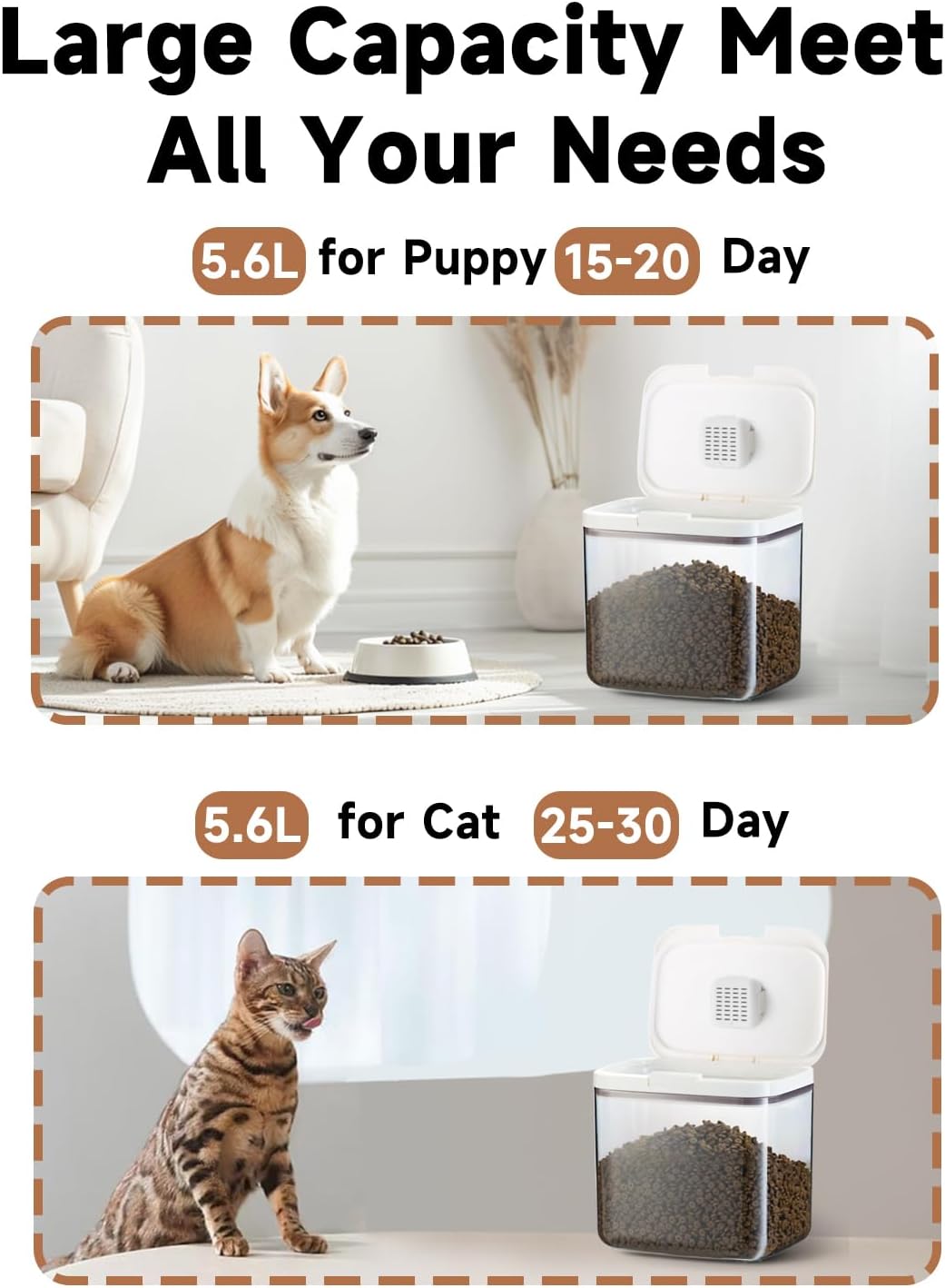 LivLab Mker Pet Food Storage Container 5 lbs Airtight Dog/Cat Food Container with Measuring Cup, BPA Free, Rice & Flour Storage Container for Dog Treats and Cat Food (3 lbs), White