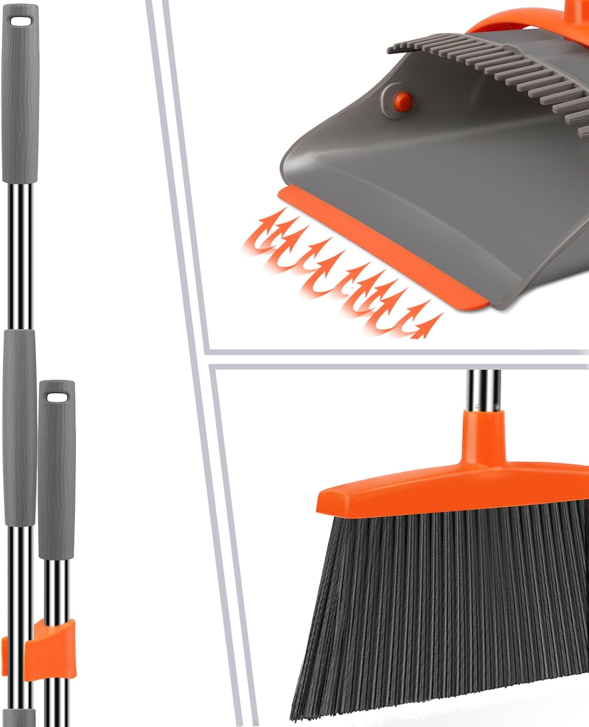 Ivandar Broom with Dustpan Combo Set, 50.6 inch Long Handle, Upright Standing Broom and Dustpan Set Quiet Cleaning Tool Sweep the Floor Dust pan Removes 4 Times More Pet Hair(Brown and Gray)