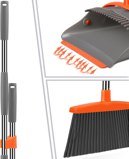Ivandar Broom with Dustpan Combo Set, 50.6 inch Long Handle, Upright Standing Broom and Dustpan Set Quiet Cleaning Tool Sweep the Floor Dust pan Removes 4 Times More Pet Hair(Brown and Gray)