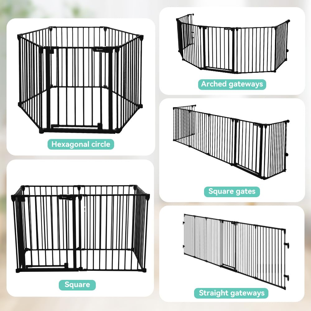COMOMY 198" Baby Gate Extra Wide, Dog Gate Pet Gate for House Stairs Doorways Fireplace, 3 in 1 Play Yard Child Safety Gate, Auto Close, Hardware Mounted (30" Tall, Black)