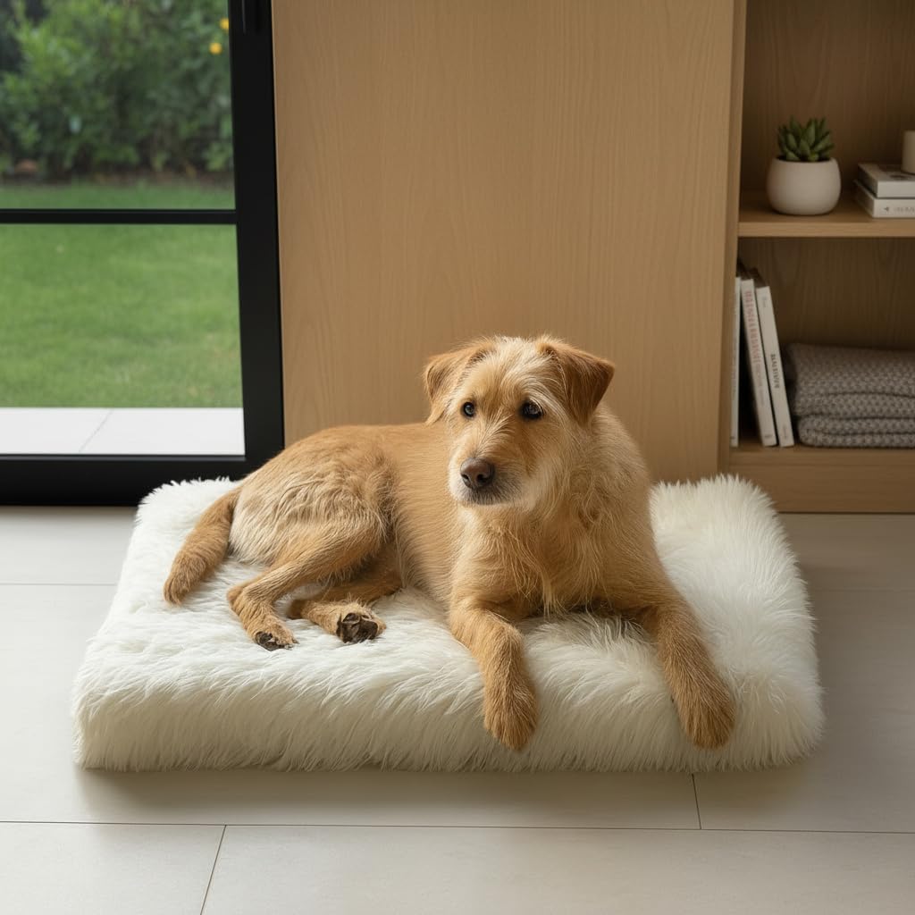 IHAPPYDOG Luxury Faux Fur Orthopedic Dog Bed, Memory Foam Dog Bed for Small, Medium, Large and XL Pets, Fluffy Pet Bed with Waterproof and Washable Cover (White w/Brown Tips, 50"x30")