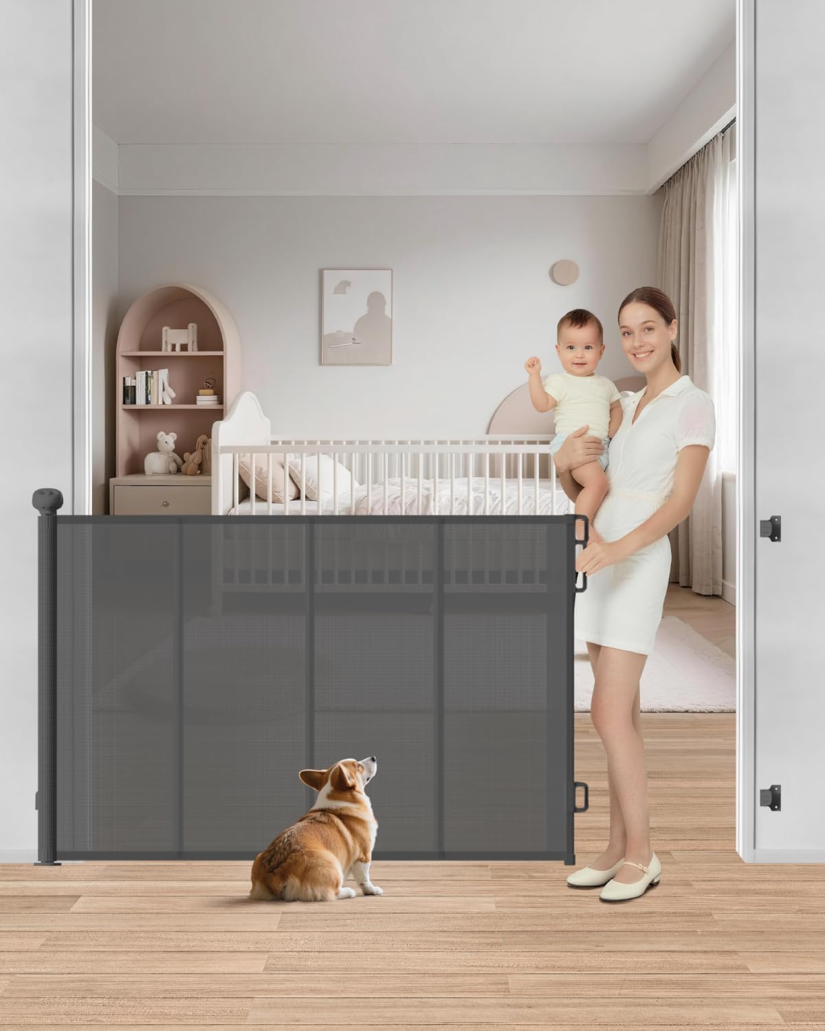 Retractable Baby Gate, 55" Wide Mesh Gate with 4 Reinforced Rods, Prevents Kids & Dogs from Crawling Under, 34" Tall Easy-to-Use Pet Gate for Stairs, Bedrooms, Hallways, Indoor/Outdoor, White