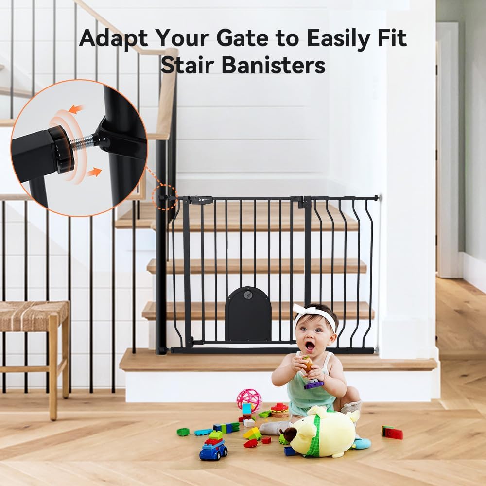 COMOMY 29.5-48.4" Baby Gate with Adjustable Cat Door,Extra Wide Metal Cat Gate for Stairs Doorways, Auto Close Dog Gate with Pet Door for House, Pressure Mounted Easy Walk Through (30" Tall, Black)