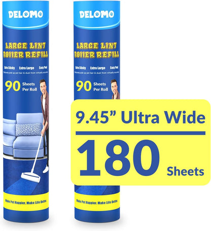Large Lint Roller for Floors Carpet Furniture Bed – 9.45" Wide Extra Sticky Pet Hair Remover, 4 Refills 360 Sheets Value Pack, Long Handle for No-Bending Cleaning –Ideal for Dog Cat Owners Homes