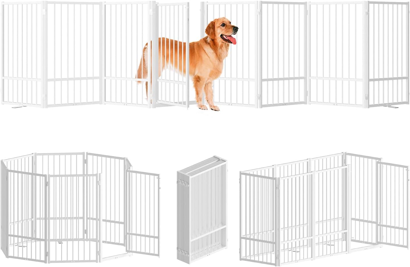 SNUOWU Full Metal Freestanding Dog Gate with Door, 32''Height Foldable Pet Dog Fence for Indoor & Outdoor, 4 Panels Extra Wide Free Standing TallDog Gates for Doorways,House,Stairs,Porch,Deck,Yard