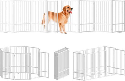 SNUOWU Full Metal Freestanding Dog Gate with Door, 32''Height Foldable Pet Dog Fence for Indoor & Outdoor, 4 Panels Extra Wide Free Standing TallDog Gates for Doorways,House,Stairs,Porch,Deck,Yard
