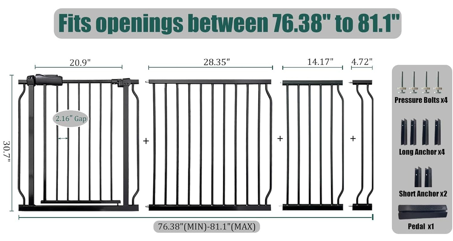 Extra Wide Baby Gate 85.8-90.5" Dog Gate Indoor Pressure Mounted No Drill Safety Gate for Large Entries, Kitchen,Stairs & Doorways, Black Metal Indoor Pet Gate for Kids & Dogs