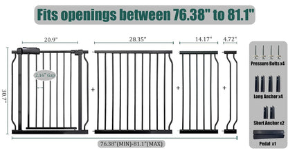 Extra Wide Baby Gate 85.8-90.5" Dog Gate Indoor Pressure Mounted No Drill Safety Gate for Large Entries, Kitchen,Stairs & Doorways, Black Metal Indoor Pet Gate for Kids & Dogs