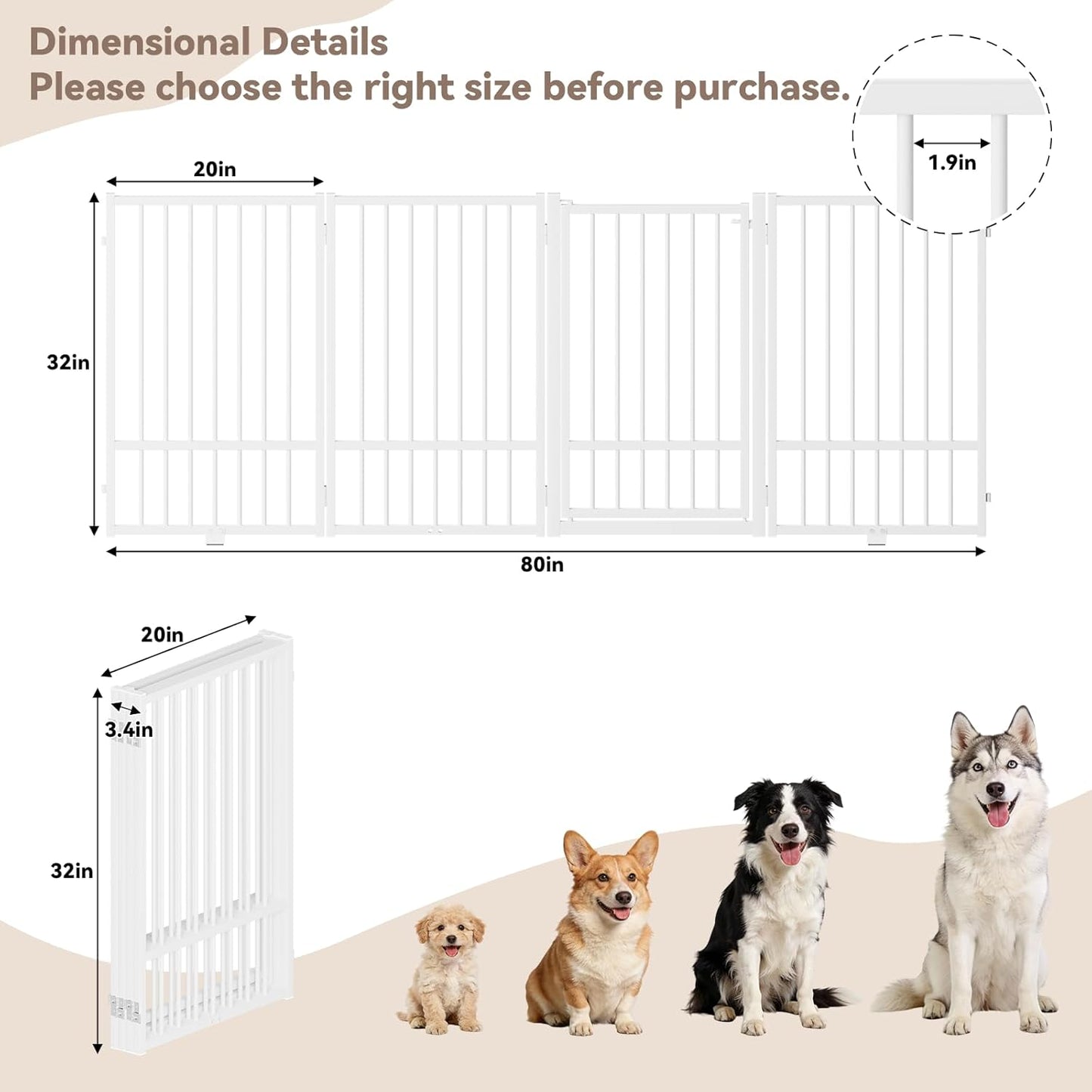 SNUOWU Full Metal Freestanding Dog Gate with Door, 32''Height Foldable Pet Dog Fence for Indoor & Outdoor, 4 Panels Extra Wide Free Standing TallDog Gates for Doorways,House,Stairs,Porch,Deck,Yard