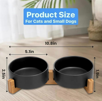 Ceramic Cat and Small Dog Bowl Set – Modern Indoor Small Size Pet Food and Water Bowls with Wood Stand – Non Slip Puppy Sized Feeding Station with Double Dishes (Gray)